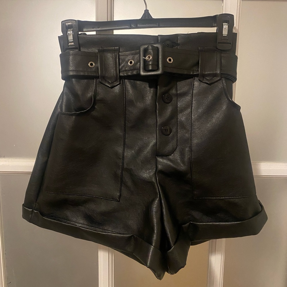 storets Black High-Waist Faux Leather Belted Shorts